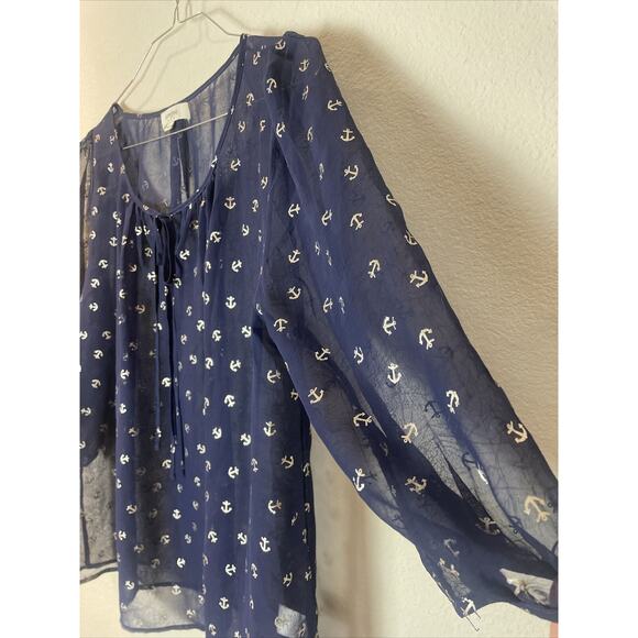 umgee, navy blue sheer anchor print blouse, large - Picture 3 of 4